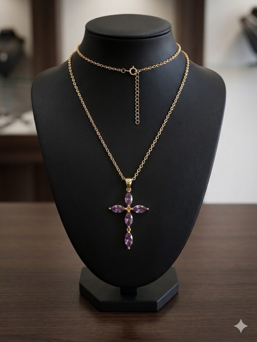New Gold Cross Pendant Necklace with Purple Gemstones - Women Jewelry